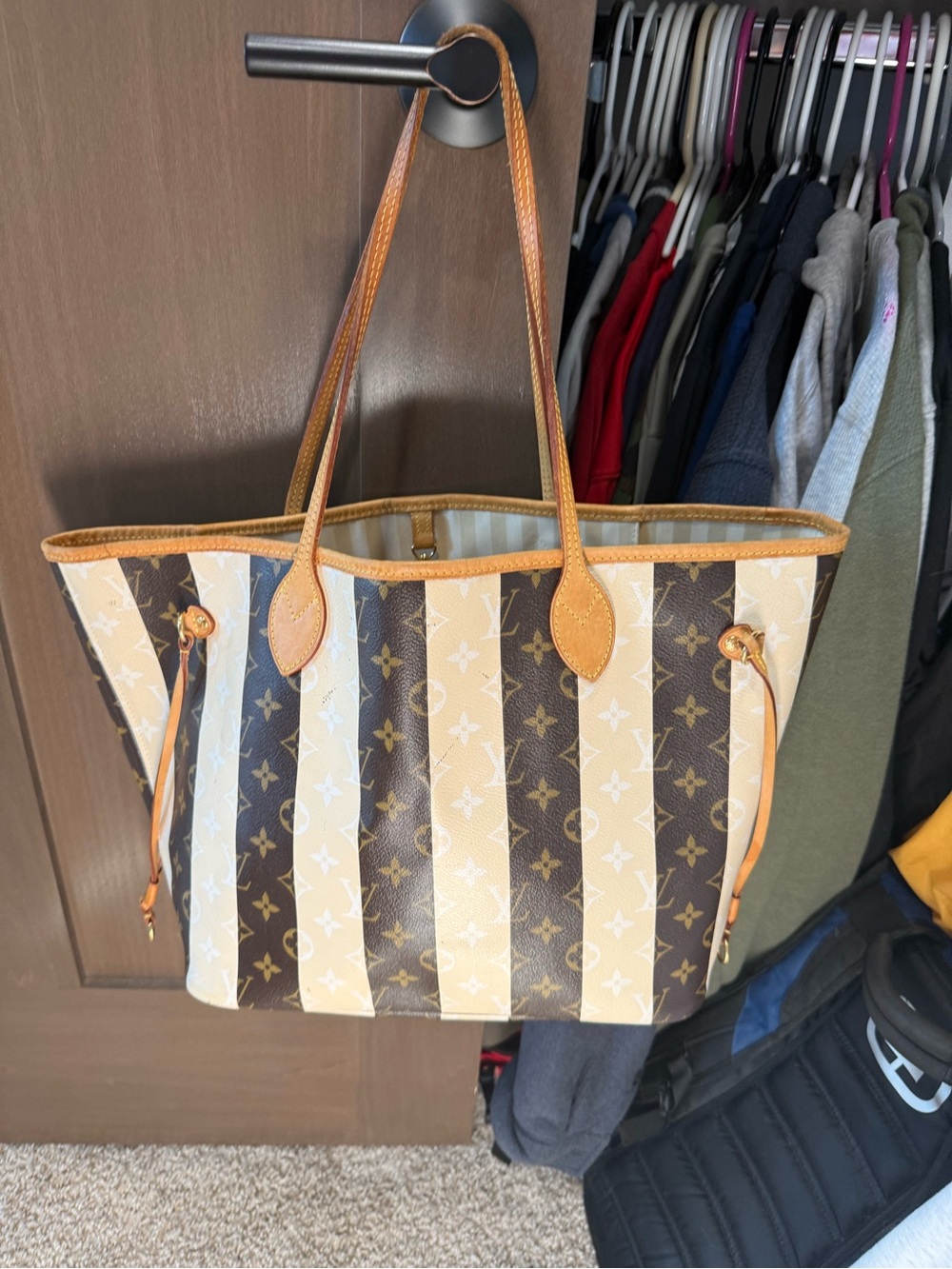 Louis Vuitton Monogram Vertical Stripe Canvas Tote in Brown & Cream - Picture 2 of 4
